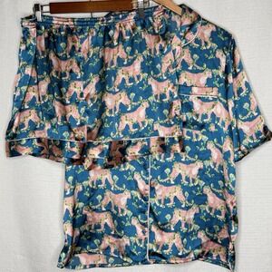 Their Nibs Pajamas‎ XL Blue Pink Cheetah Print Satin Short Sleeve Shorts Comfy